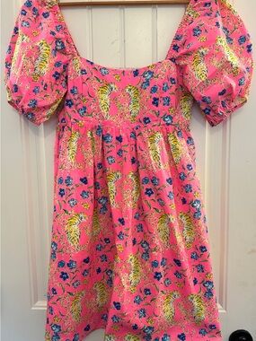 Lilly Pulitzer Dress Size 4 Pink Tiger Floral Puff Sleeve Smocked Mini Resort